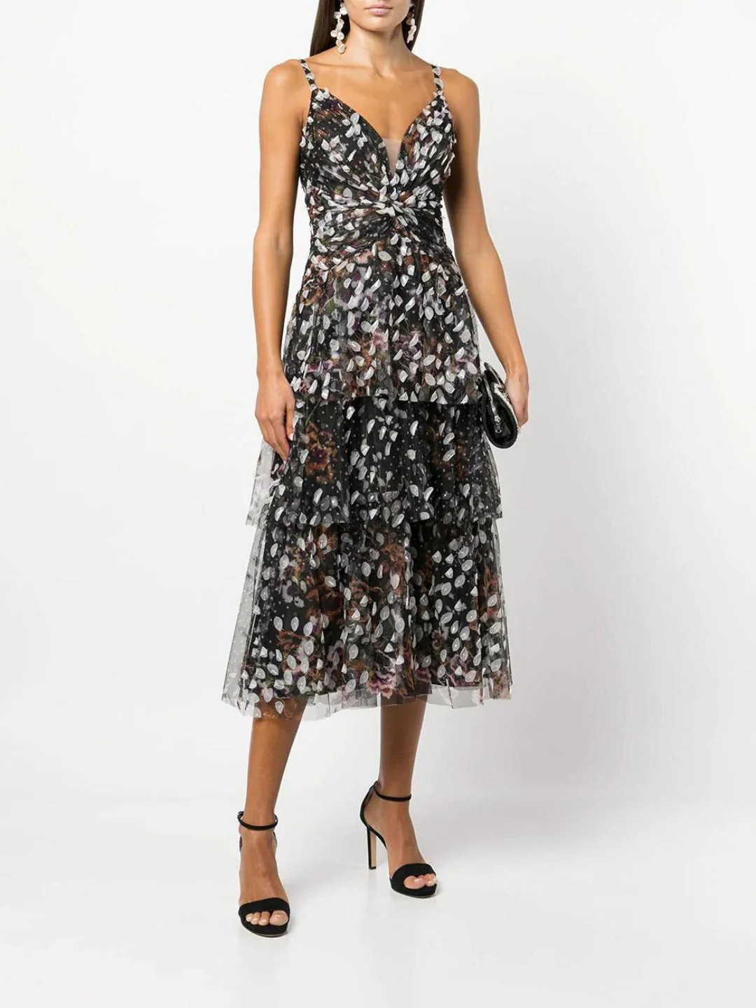 Marchesa Notte Tiered Printed Cocktail Maxi Dress – Ivory – Size 2