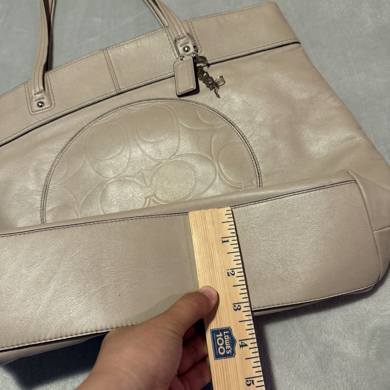 Coach Laura Signature Embossed Leather Tote Bag Taupe Gray Purse Handbag F18336