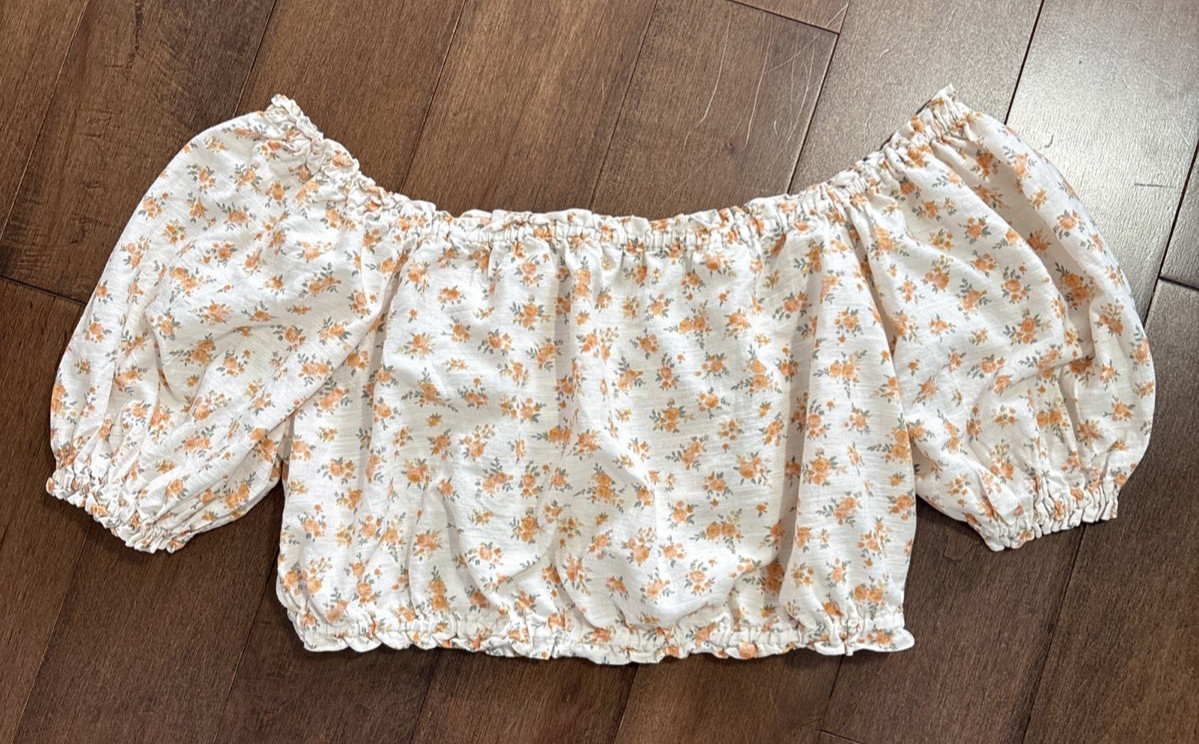 American Eagle Off the Shoulder Bubble Blouse Womens XXL Cream Floral Linen Crop