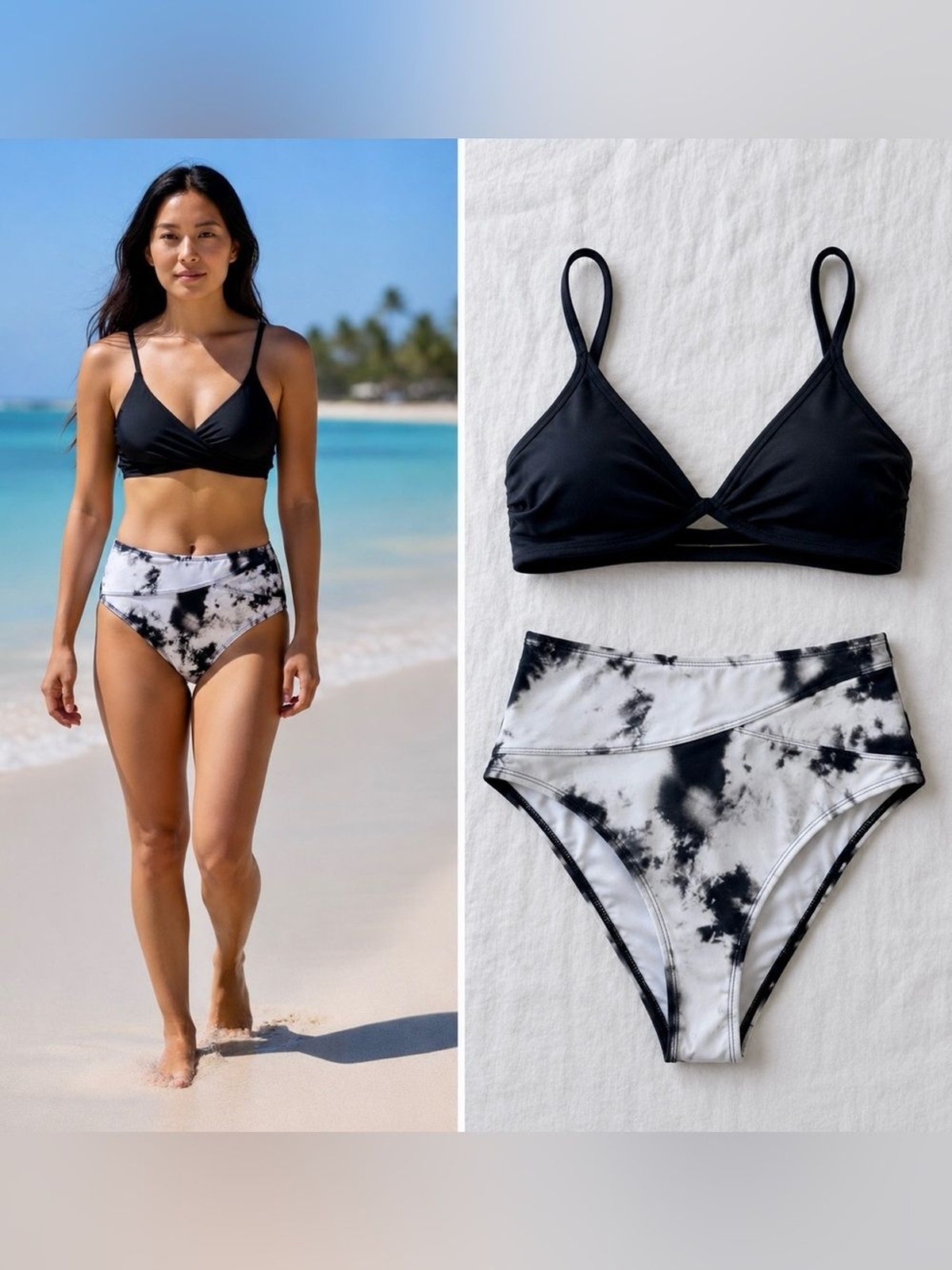 Cupshe Black & White Tie Dye High Waist Bikini Set Size Small NWT