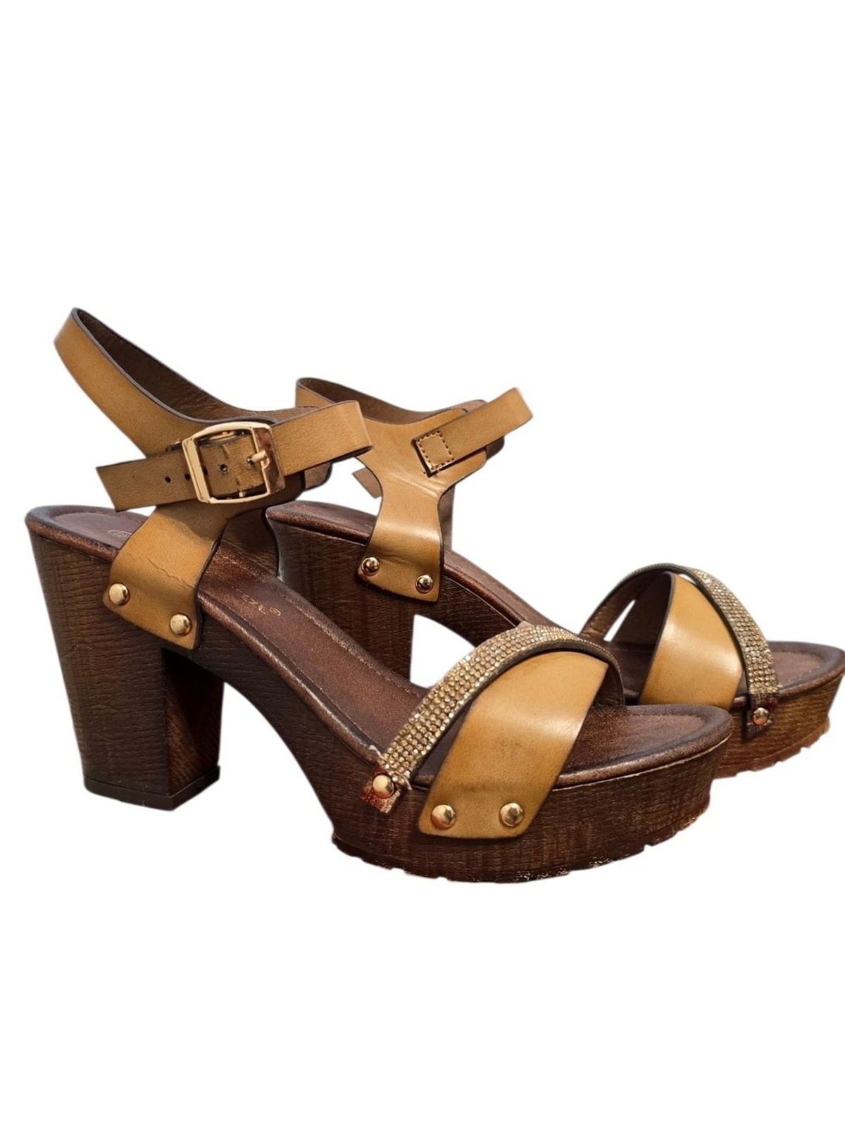 Nature Breeze Tan Platform Heeled Sandals with Gold Accents