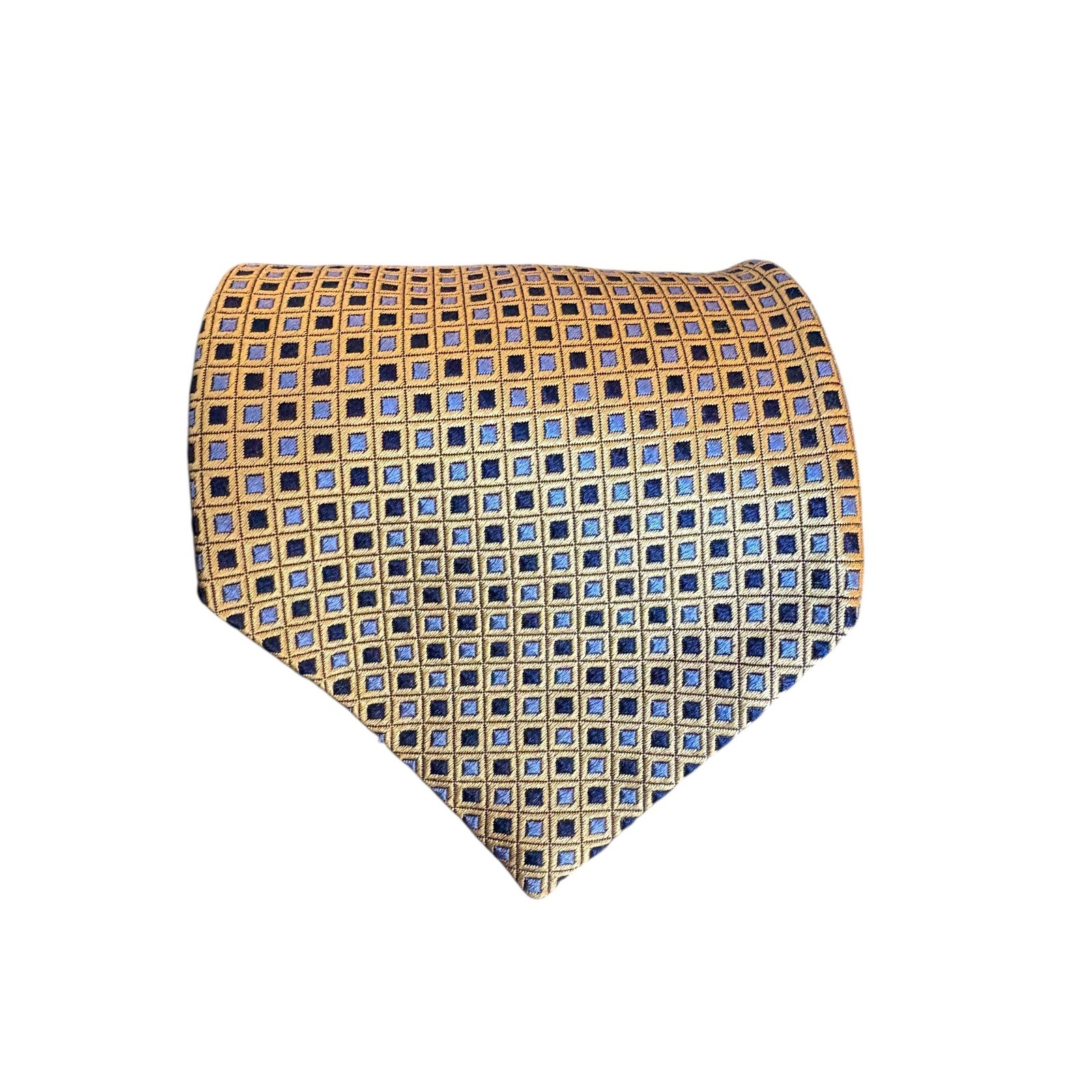 Corporate Image for Tom James 100% Silk Tie Gold Blue Geometric Diamond Pattern