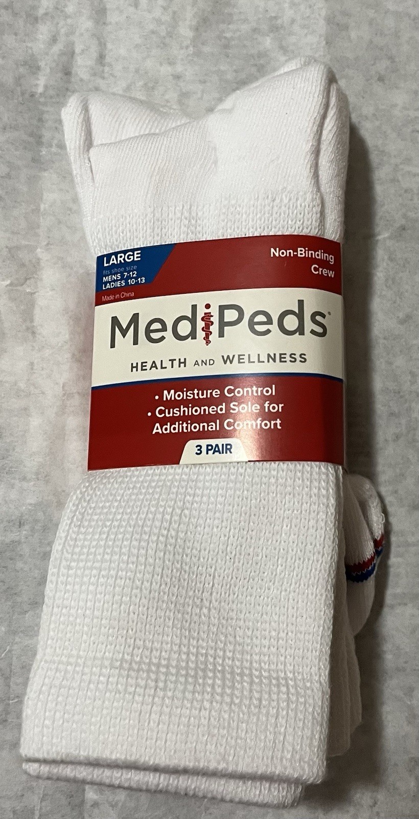 MediPeds Non-Binding Crew Socks White Large 3 Pair Moisture Control