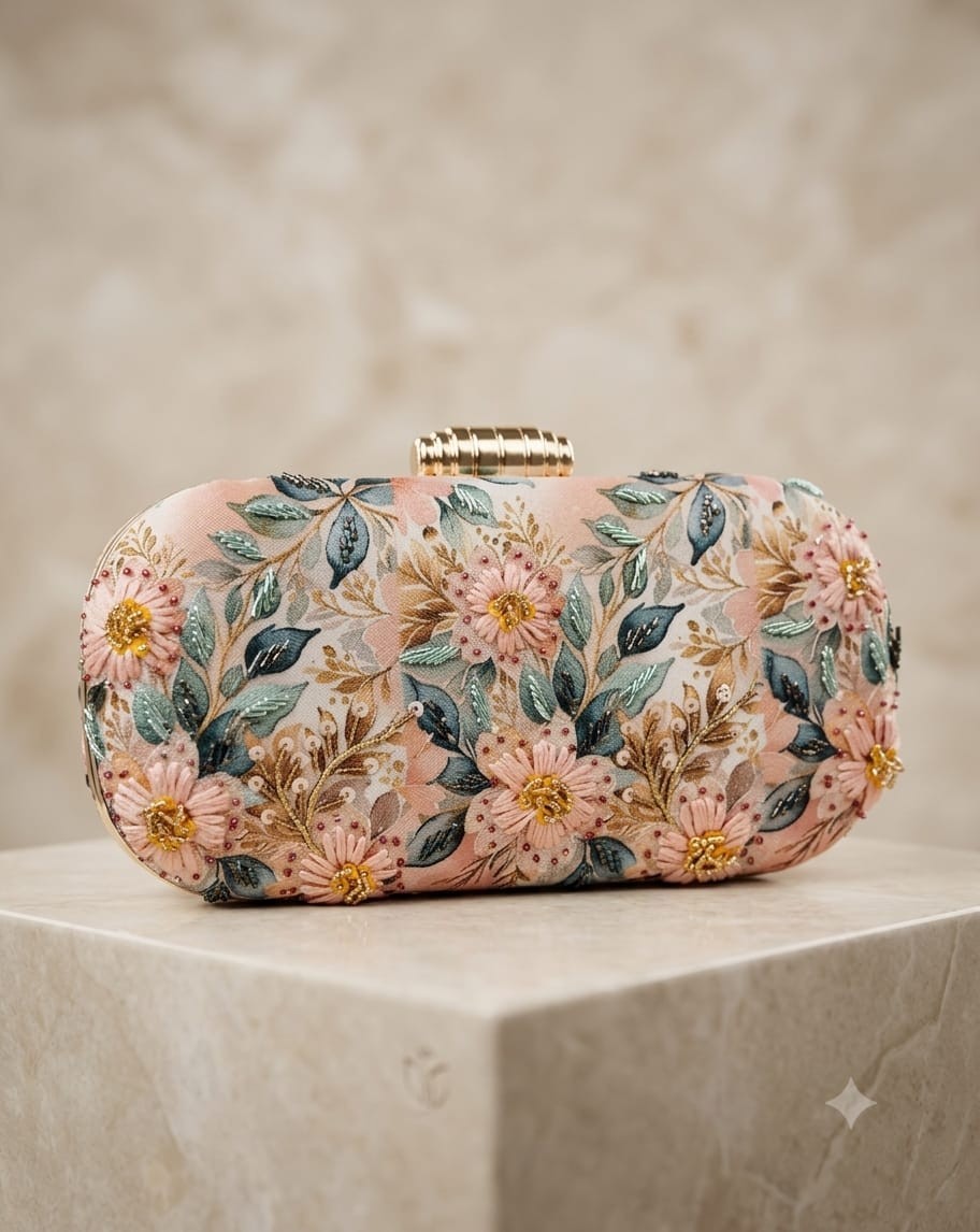 Luxury Evening Clutch Bag Leaf Artisan Sequin Work Gold Boho Embroidered Handbag