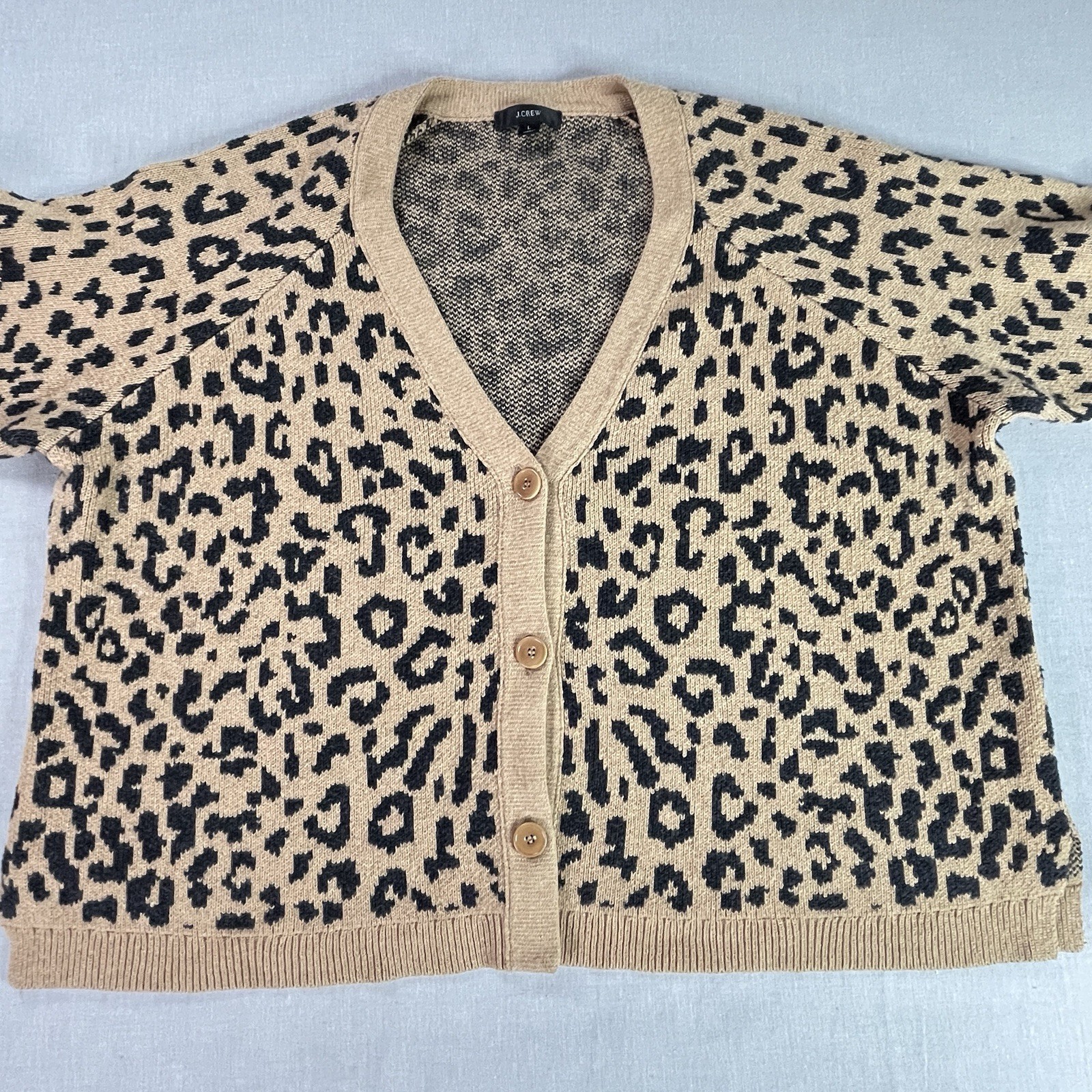 J.Crew Leopard Print Cardigan LG Tan Black Button Front Women Thick Sweater EUC
