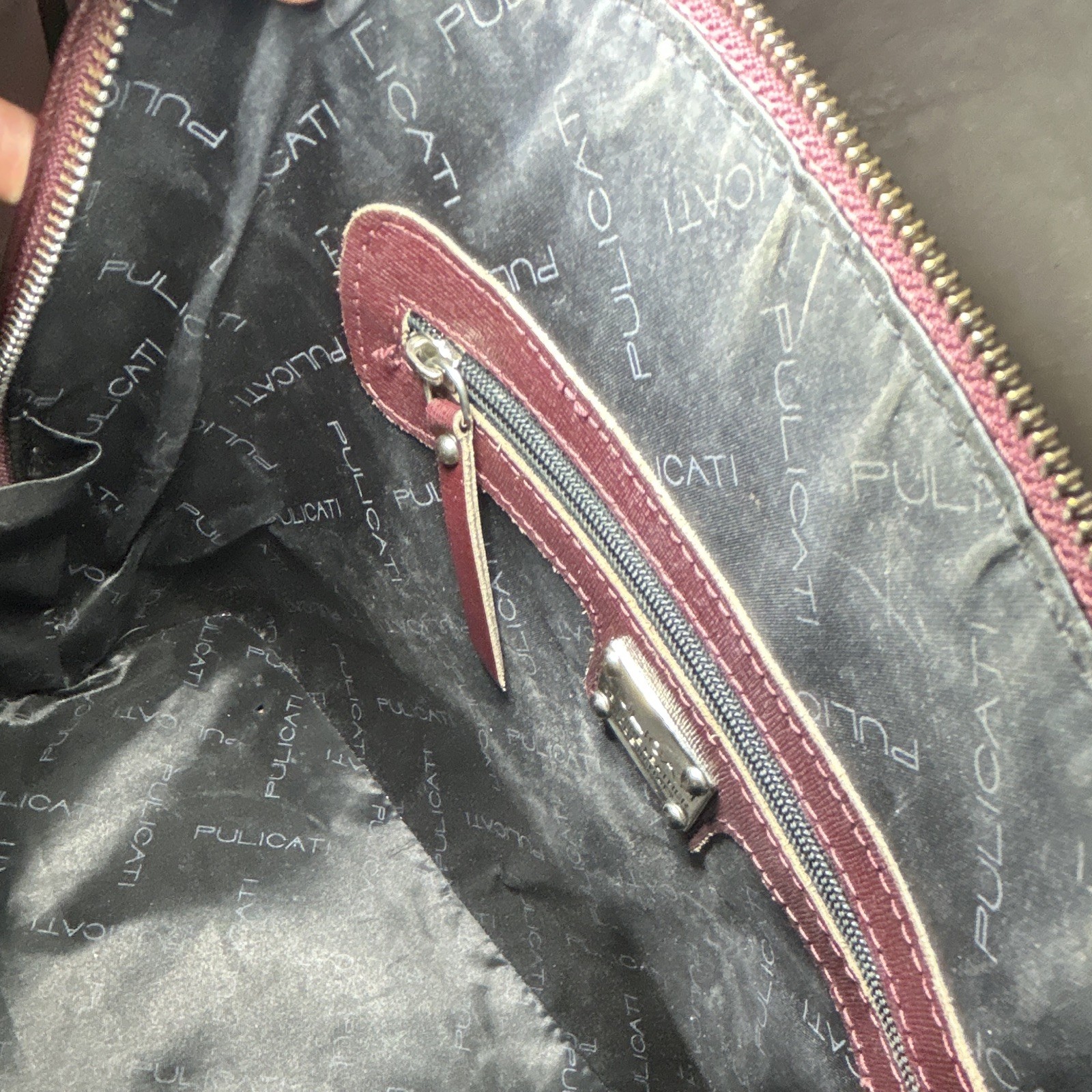 Pulicati Burgundy Medium Logo Satchel Top Handle Bag Zip Lined Pockets Silver