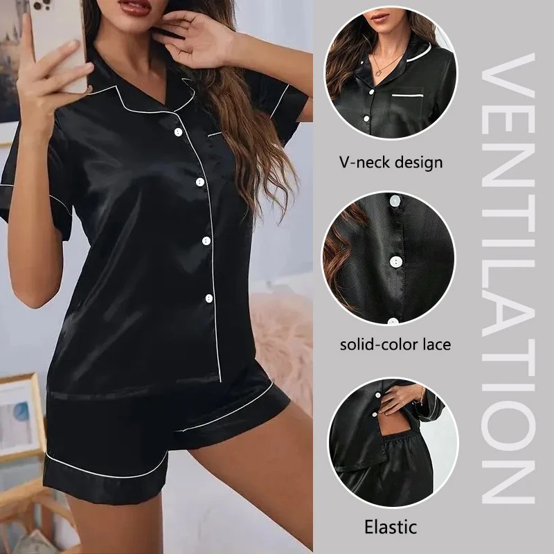 Womens Silk Satin Pajama Set 2 Piece Button Down Top Shorts Sleepwear Loungewear