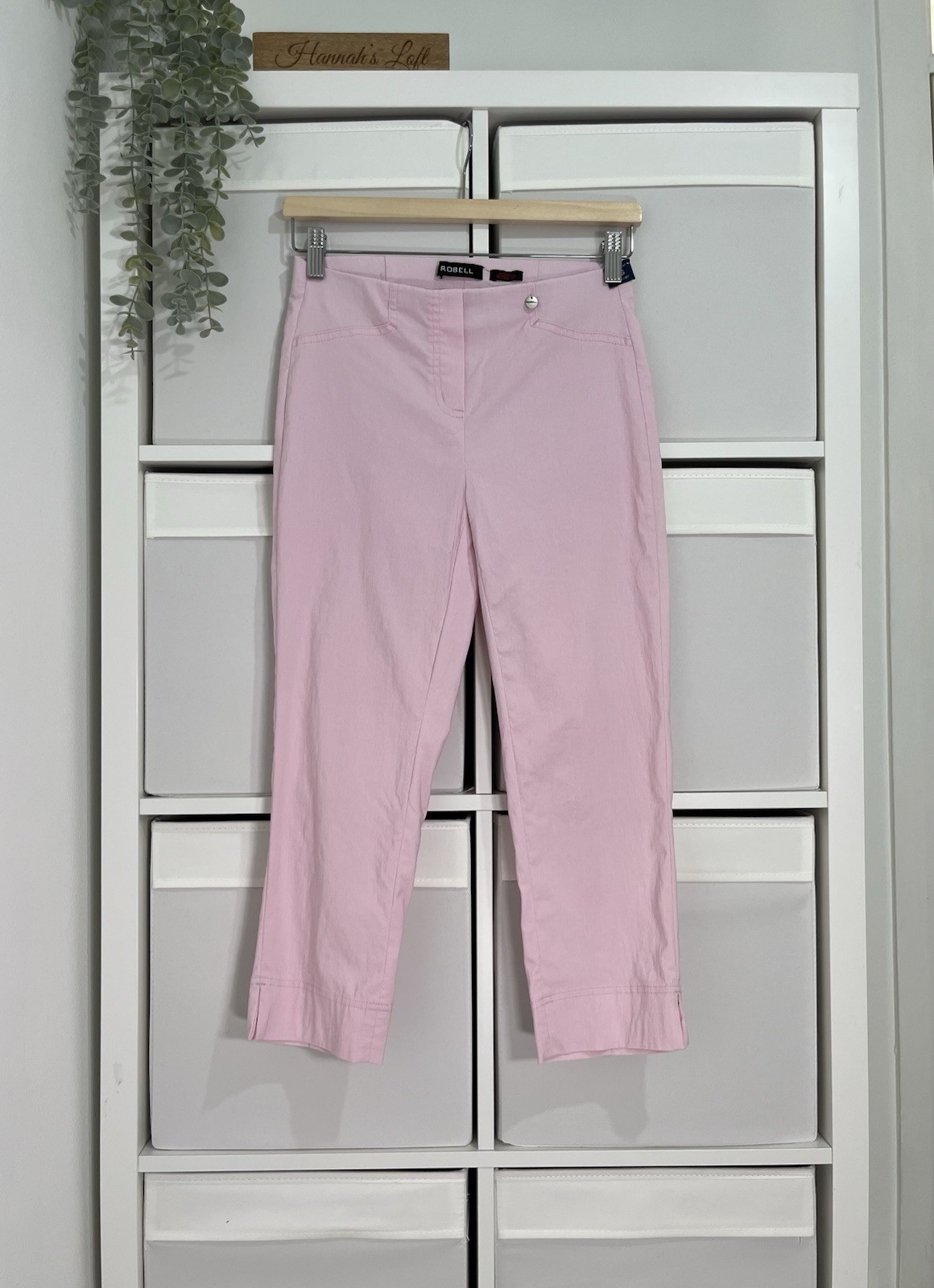 Robell Rose 07 Cropped Trousers Size 10 Pink Pull On Elastic Waist Stretch L21