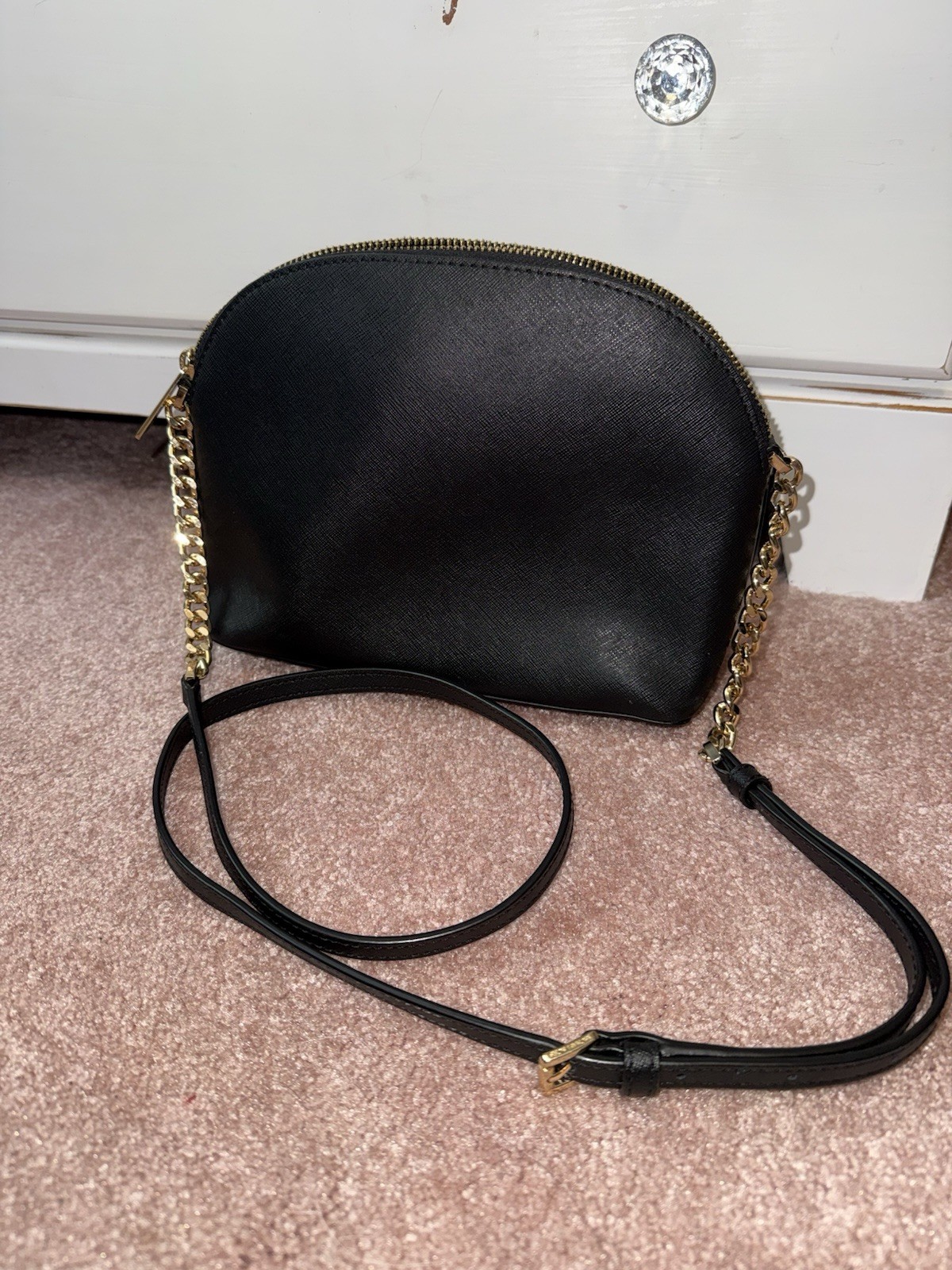 Michael Kors Small Black Half Moon Crossbody Bag Gold Hardware Zip Closure