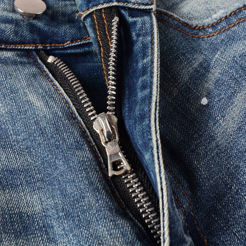 Men’s Vintage Distressed Stretch Denim Skinny Jeans with Patches and Studs