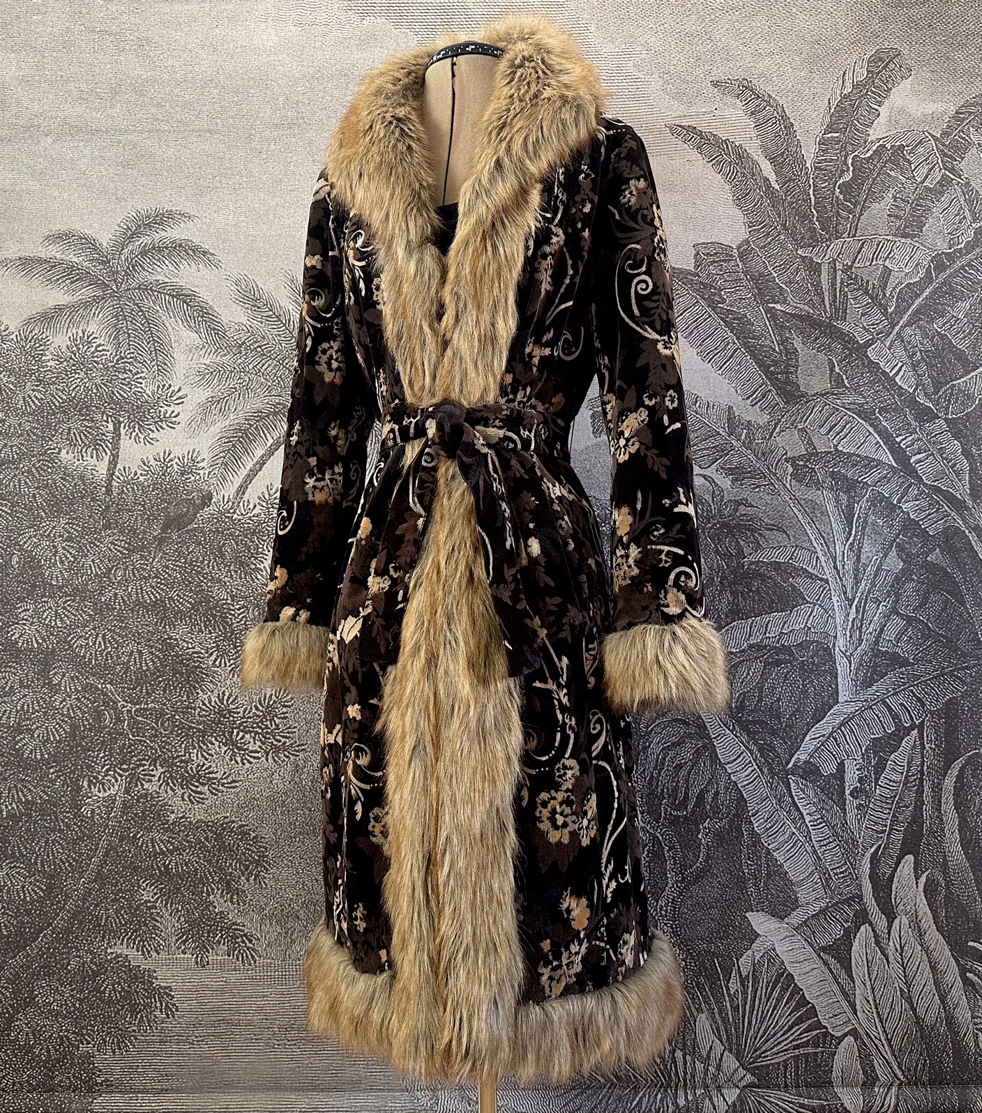 Stunning Rare Vintage Afghan Coat Floral Corduroy Fur 70s Boho Hippy Jacket Sz M