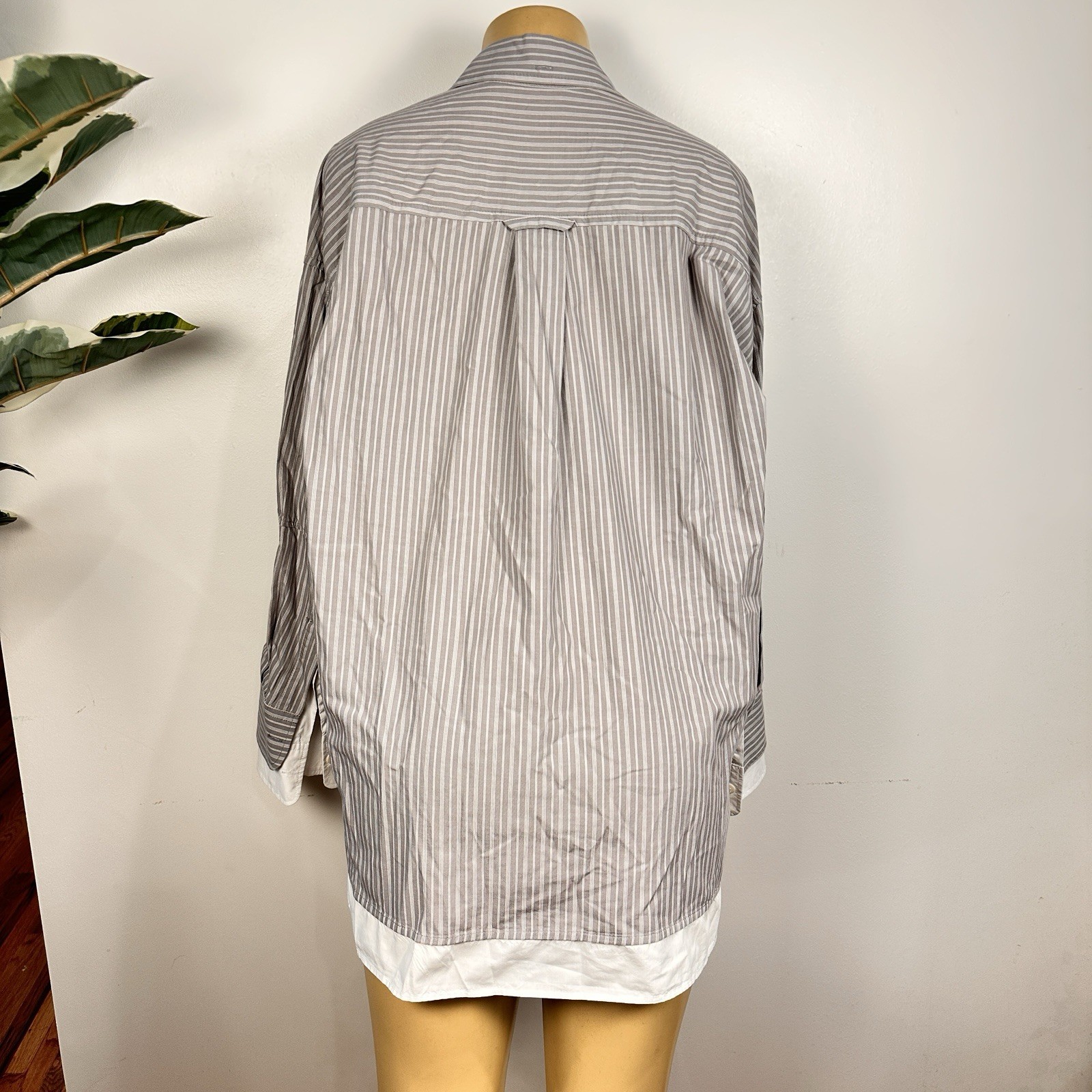 Zara Double Cuff Oversized Striped Shirt Sz M Gray Cotton Lagenlook