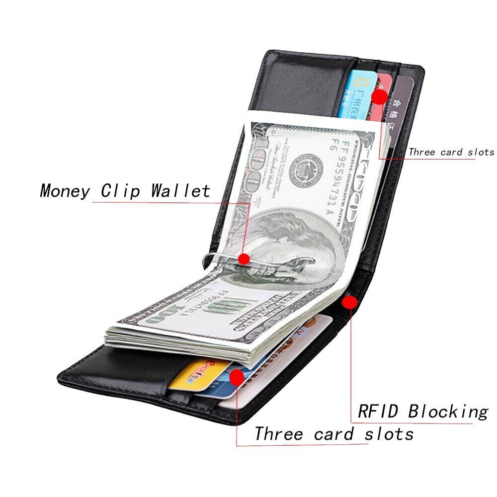 Men Rfid Blocking Leather Slim Card Wallet Bifold Front Pocket with Money Clips