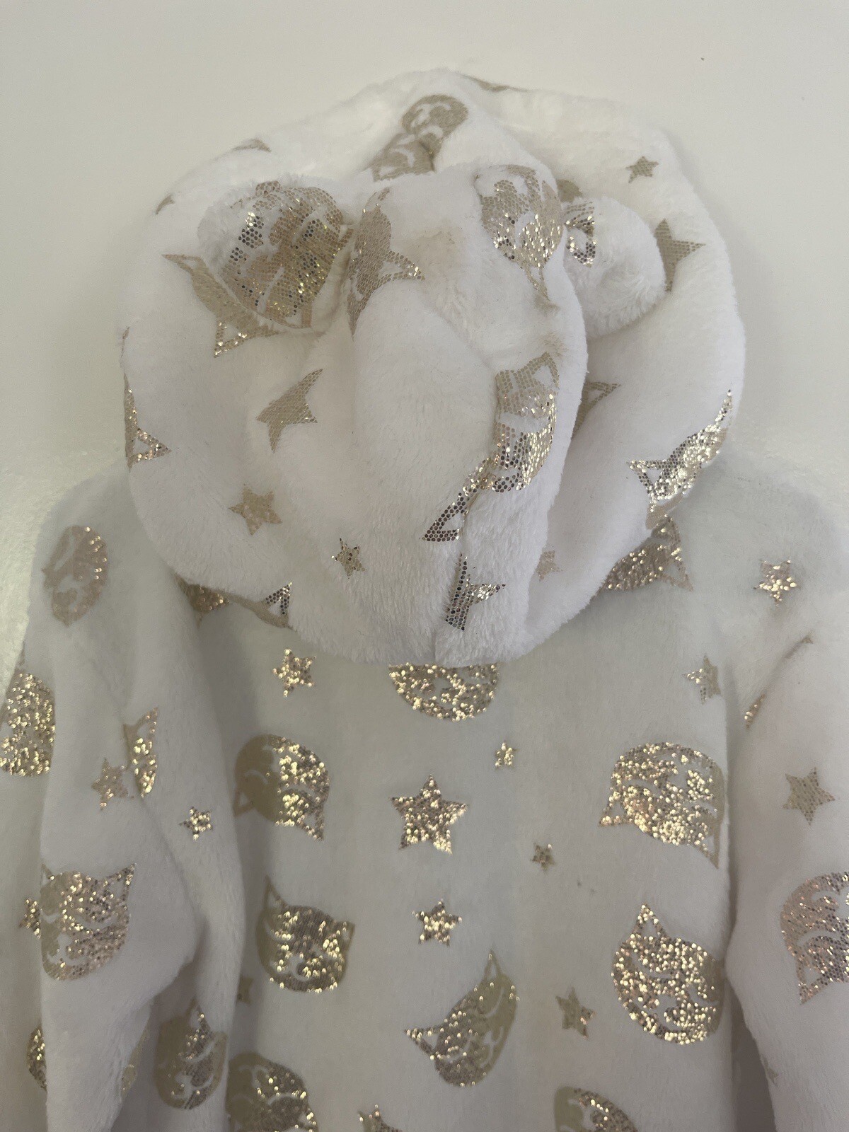 TCP Kids Girls 1-Piece Gold Cat & Stars Print Cozy Fleece Hooded PJs White XS 4