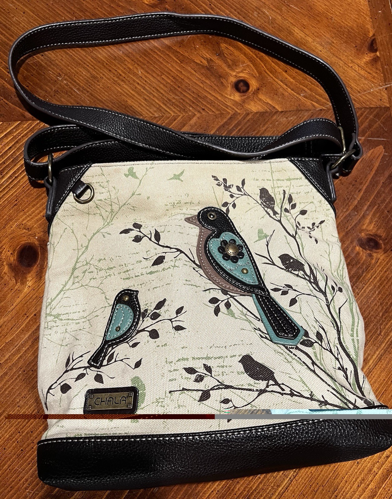 CHALA Bird Applique Crossbody Canvas Bag Zip Closure Beige/Black/Blue/Gold