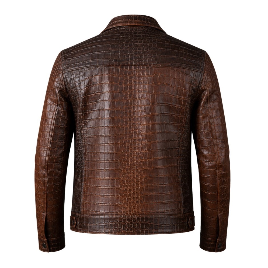 Mens Brown Real Leather Crocodile Pattern Genuine Casual Jacket Alligator Print