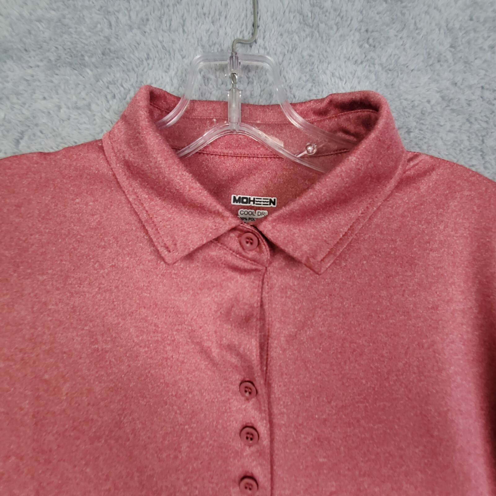 Moheen Womens Polo Shirt Size M Pink Collared 3 Qtr Sleeve Button Up Polyester
