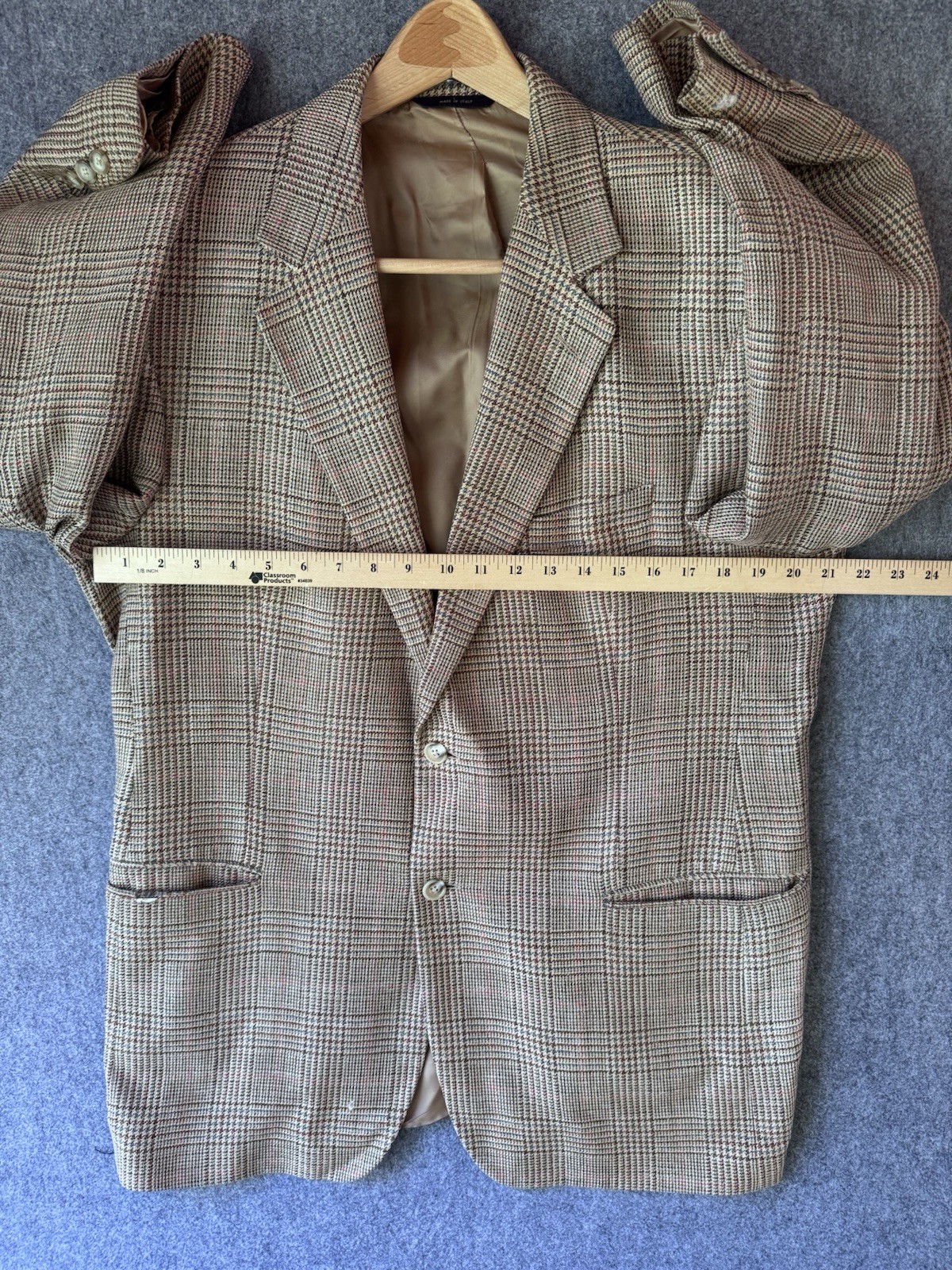 Brooks Brothers Men’s Brown Plaid Tweed Silk Linen Wool Sport Coat 44 Made Italy