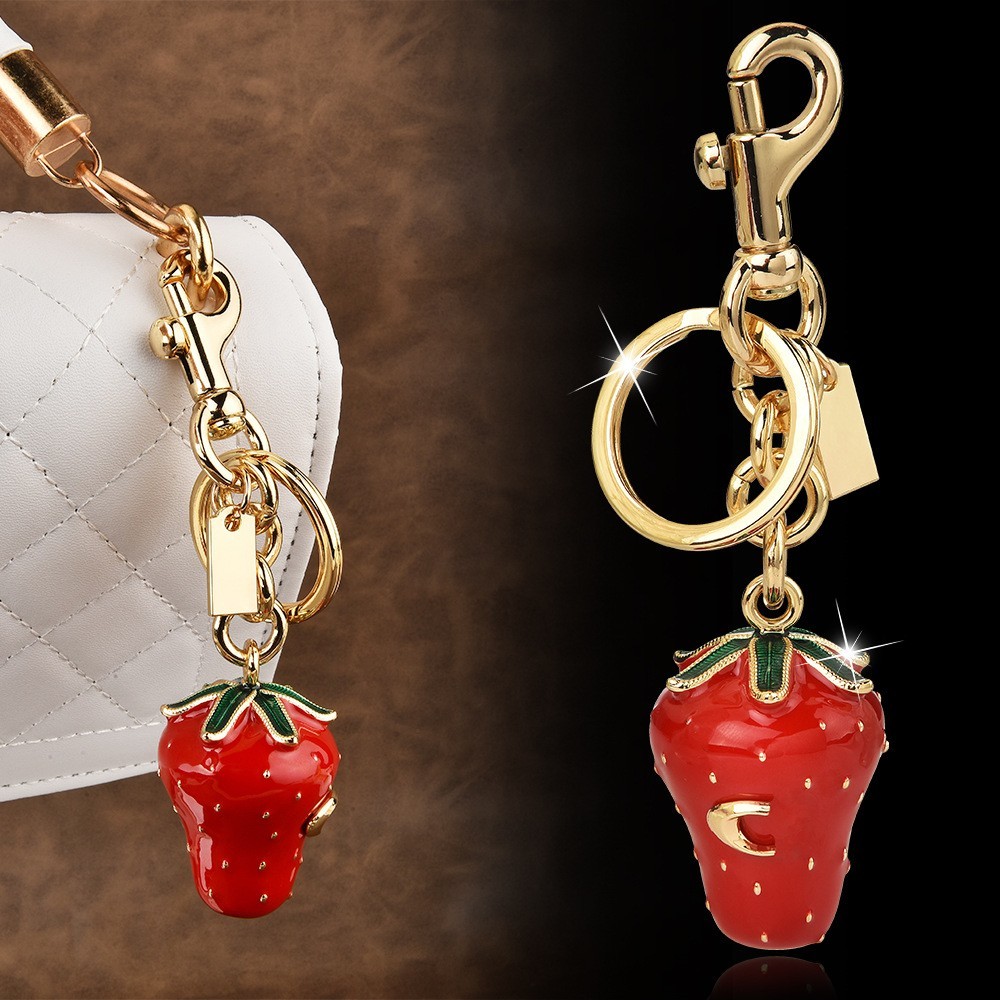 13cm Women Golden Stainless Steel Red Strawberry Sweet Bag Pendant Keychain Gift