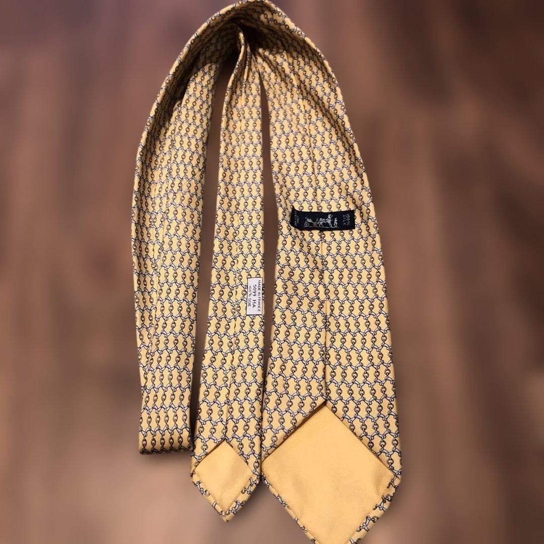 HERMES Silk 100% Necktie Chain Pattern Yellow Blue Gray 9cm New