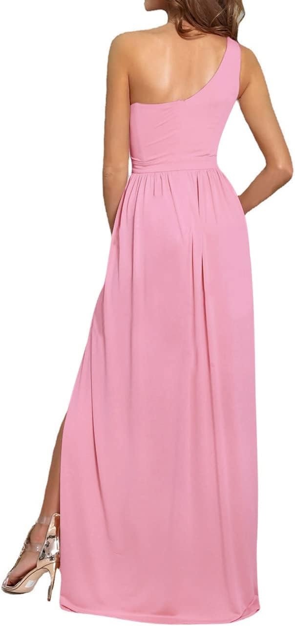 LYANER Women’s One Shoulder High Split Sleeveless Ruched Sexy Cocktail Maxi -M