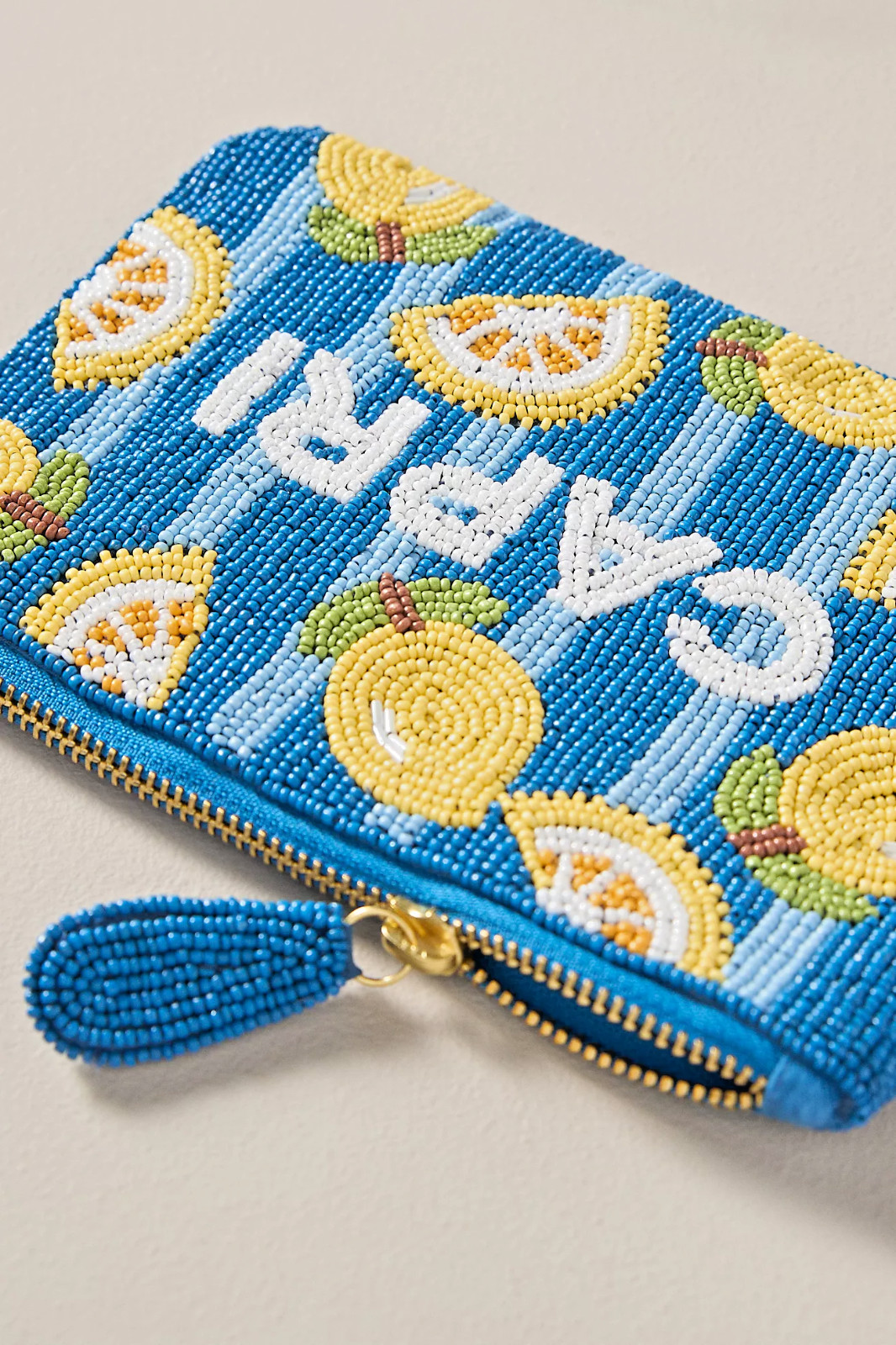 Anthropologie Fiona Capri CITY EDITION Beaded Pouch BAG CASE BLUE STRIPED LEMONS