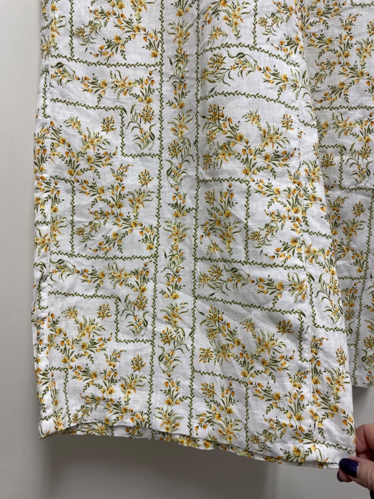 JOIE LINEN PANTS-White, Full Leg, Elastic Back Waistband, Green/Yellow Floral, M