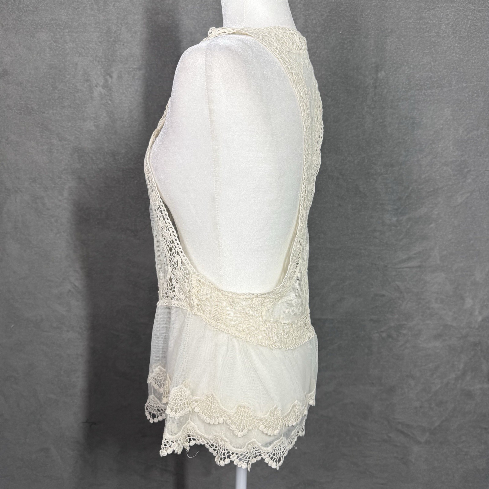 Lace Tank Top Boho Sheer Crochet Mesh Racerback Ruffle Hem One Size Ivory