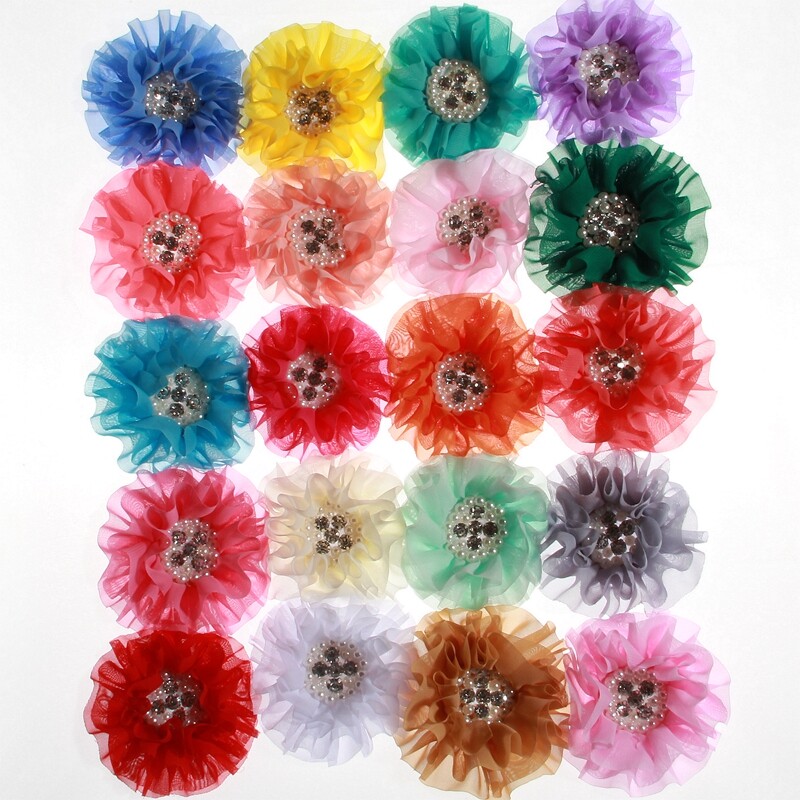 120PCS 10CM 3.9inch Big Chiffon Flowers With Big Pearl Rhinestone For Head Wear