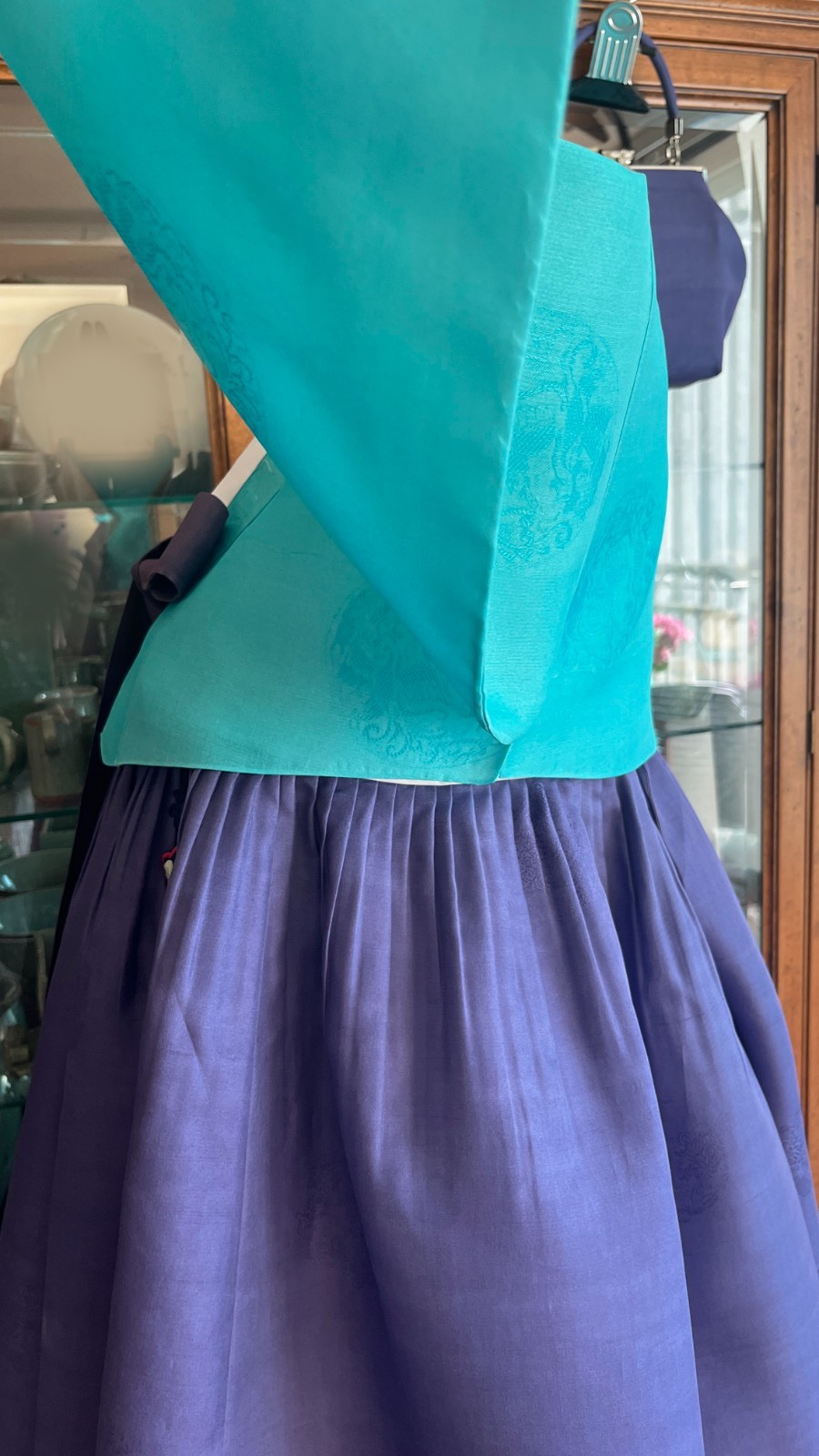 Premium Silk Traditional Korean Hanbok Dress–Mint & Purple / Petticoat /Hand bag