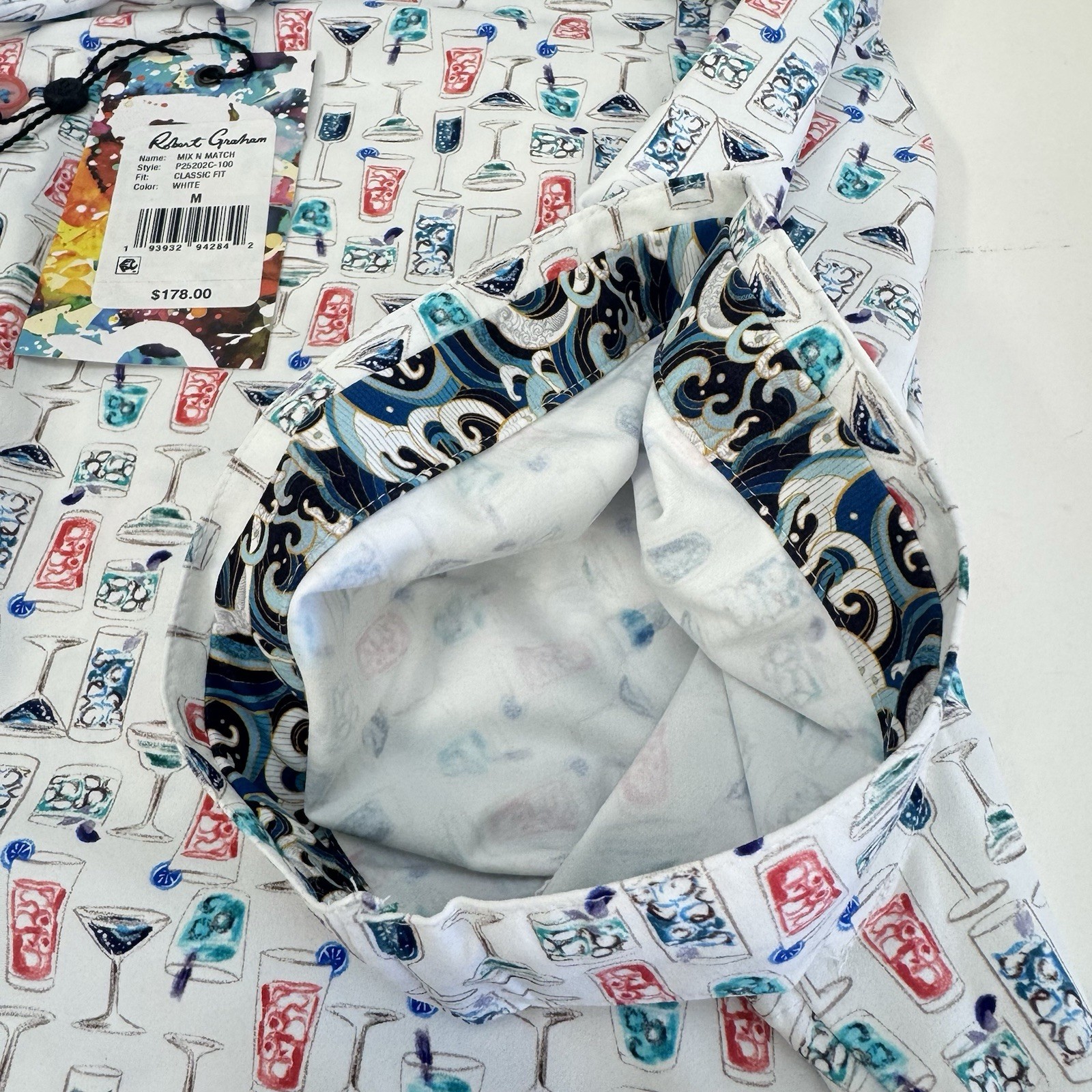 NWT Robert Graham MIX N MATCH Cocktail Martini Print Button Shirt White MED $178