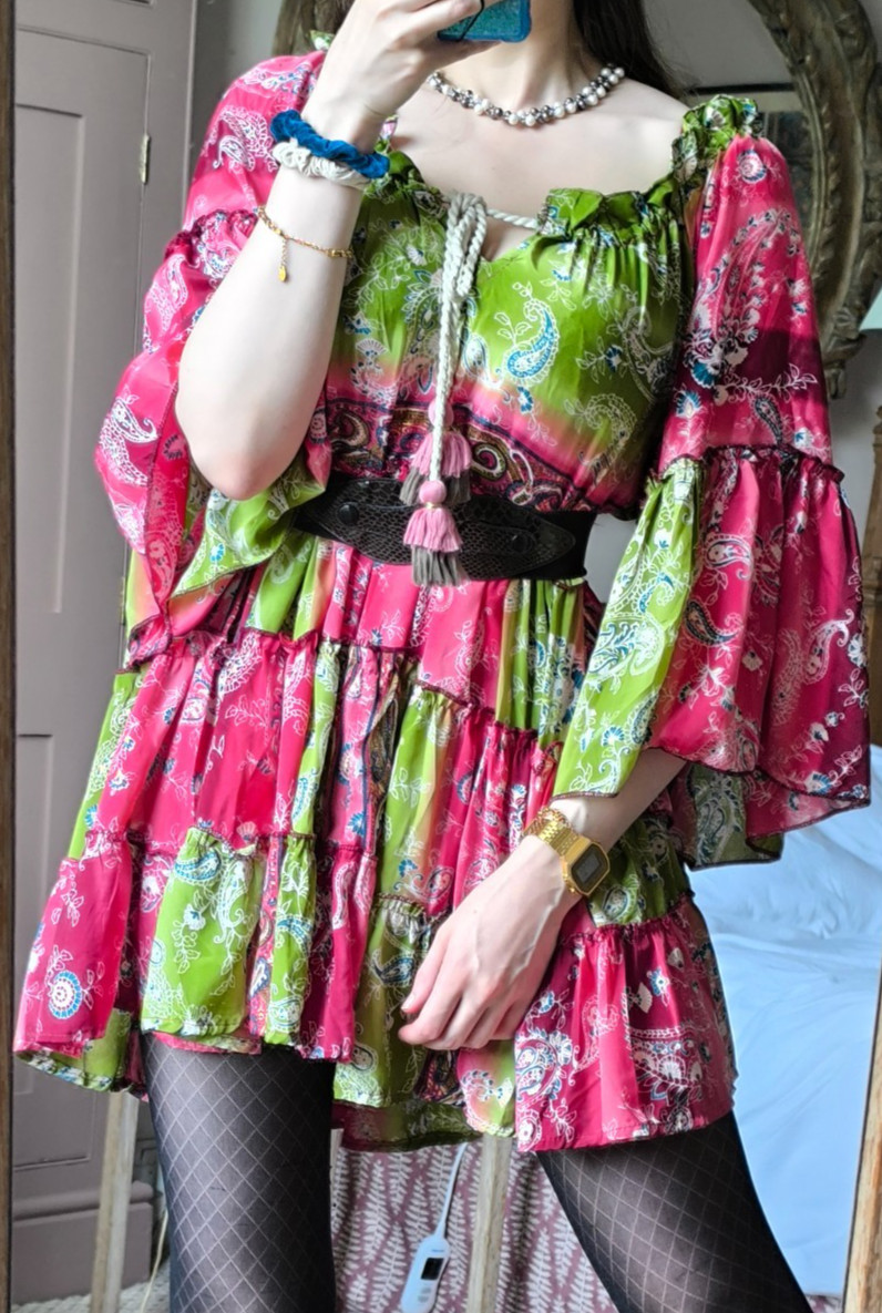BOHO Faux Silk Flared Fluonce Sleeve Tiered Tunic Paisley Mini Dress 8 10 12 14