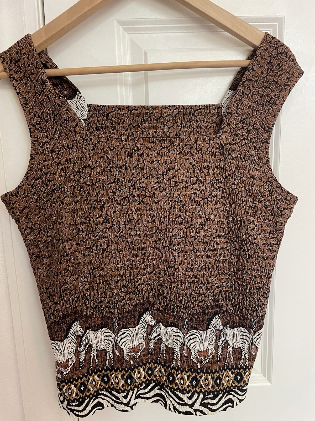 VTG y2k Pleat Pleat Rafael L Square Neck Retro Sleeveless Blouse Zebra Safari