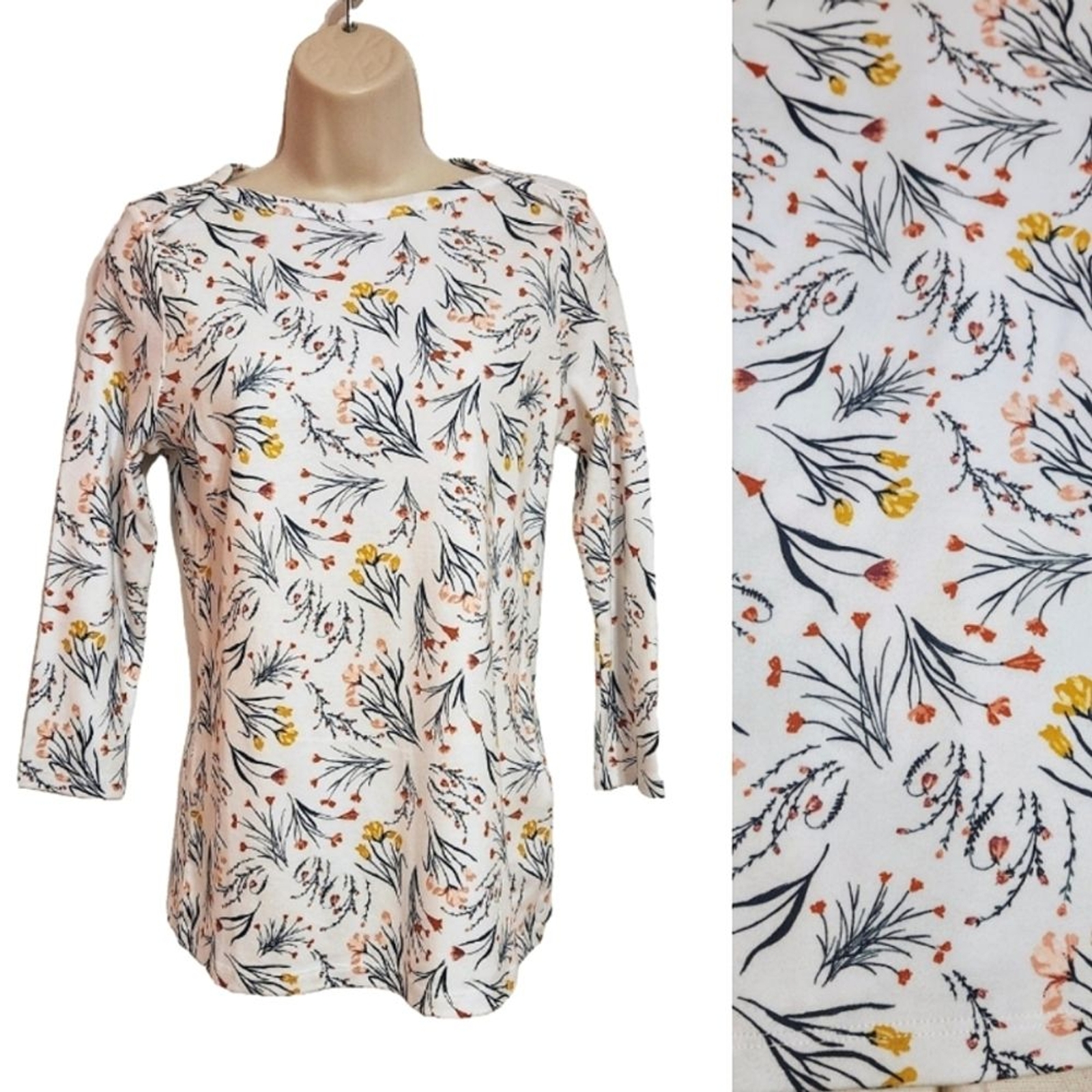 Style & Co NEW Floral 3/4 Sleeve Cotton Boat Neck Pullover Top White/Green Small