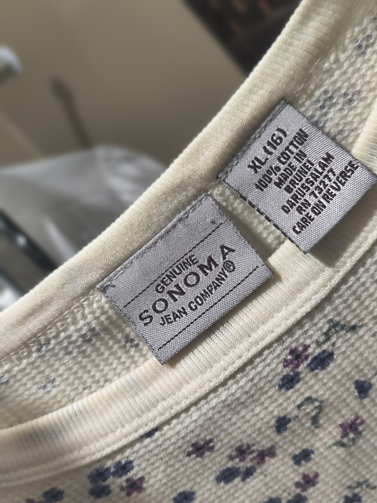 SONOMA Womens XL Beige Floral Knit Crew Neck Short Sleeve T-Shirt Vintage 90s