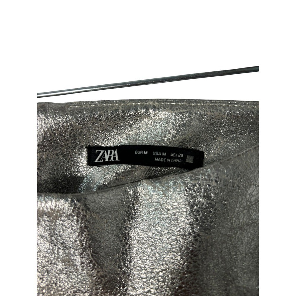 Zara Metallic Silver Faux Leather Midi Pencil Skirt Size M High Slit Textured