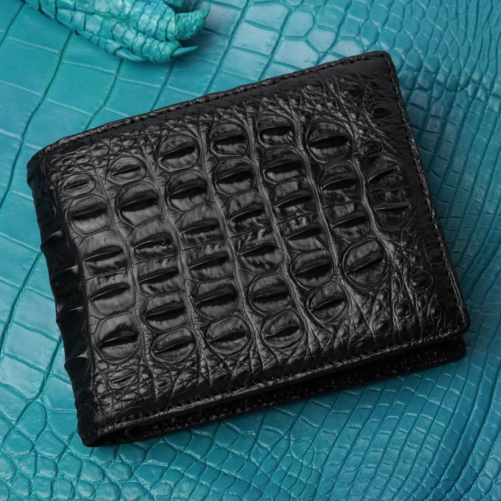 Crocodile Black Leather Bifold Wallet Men’s Skin Wallet Handmade Gift