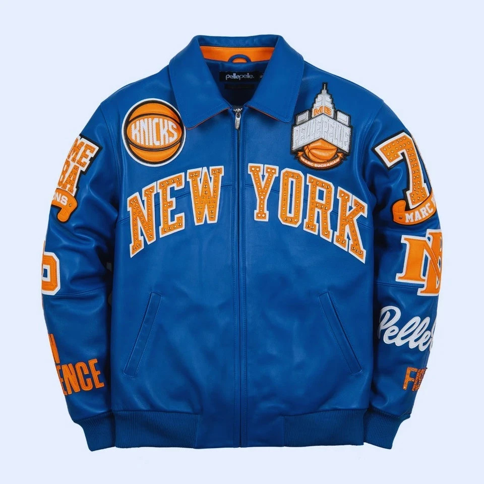 Premium Blue Leather Knicks Jacket New York Basketball Theme Winter Bomber Size