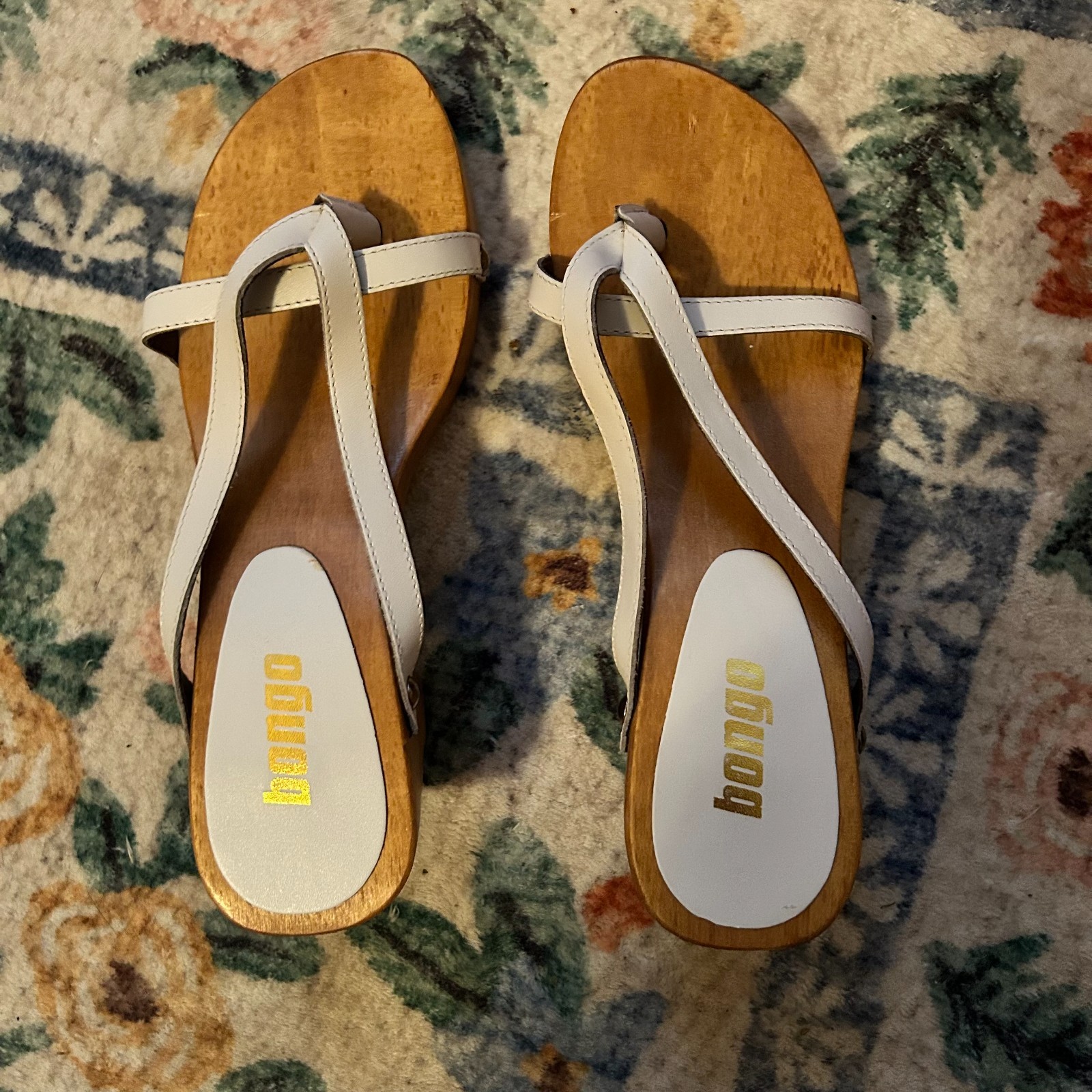 Vintage Y2K Bongo Wooden Heel Platform Sandals Strappy Thong White Leather Sz 6