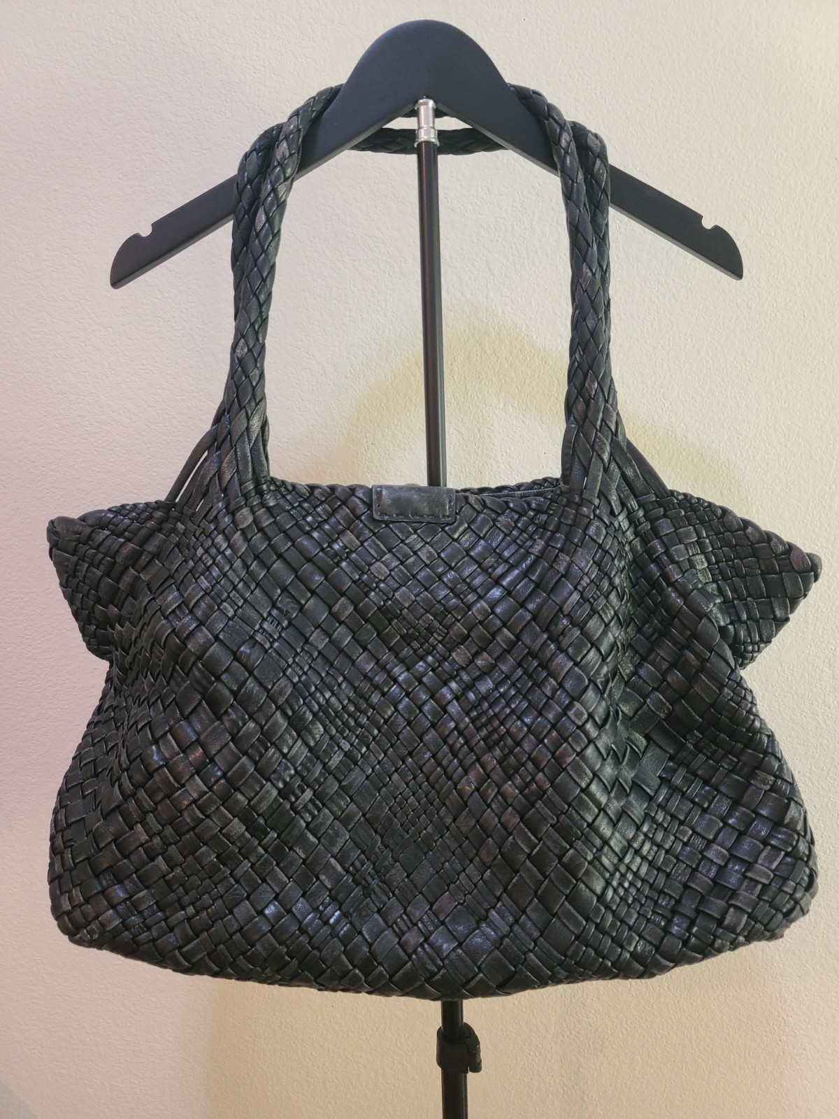 Falor Intrecciato F7349 Black Woven Tote Bag Zip/Magnetic Closure Dust Bag Italy