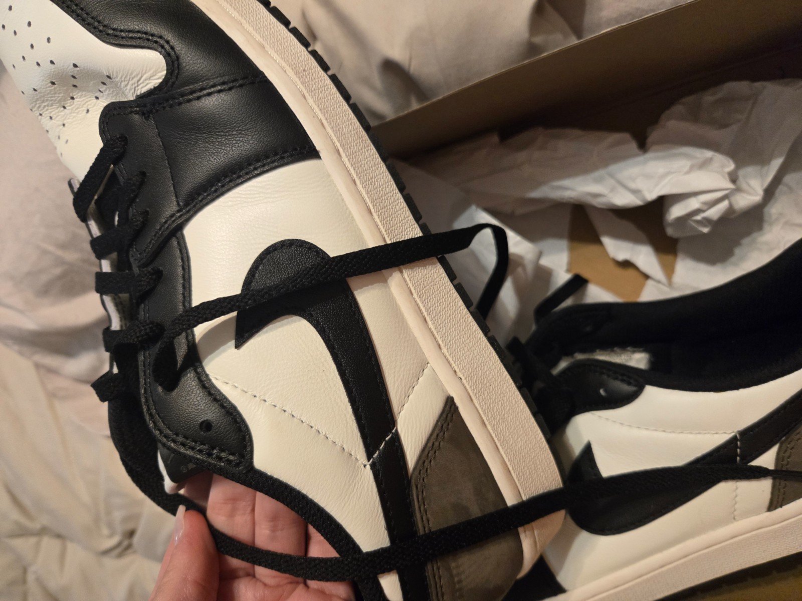 Size 13 – Air Jordan 1 Retro OG Low Mocha. Worn only one time.
