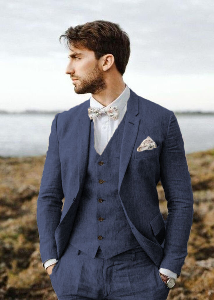 Men Multi Color Linen 3 Piece Suit Notch Lapel Summer Wedding Formal Outfit