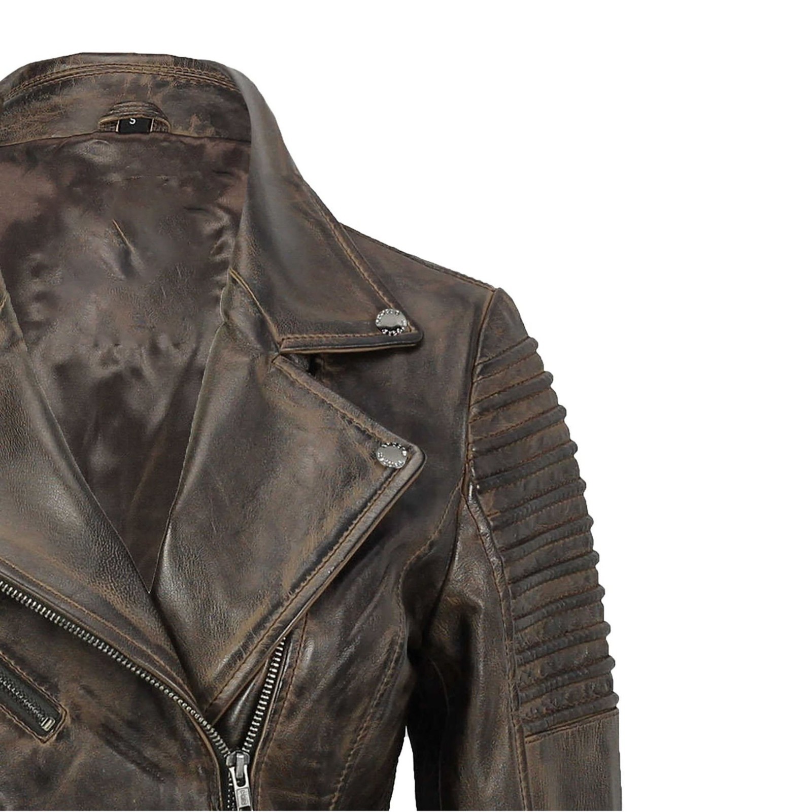 Women Real Leather Jacket Brown Distressed Biker Moto Ribbed Zip Motorcycle Coat
