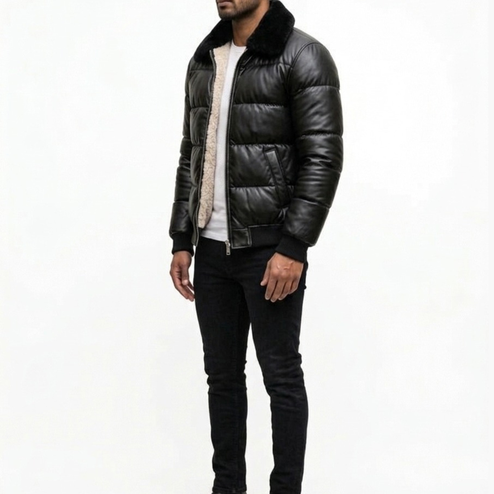 Men’s Black Leather Puffer Jacket with Faux Fur Collar, Winter Bomber Jacket