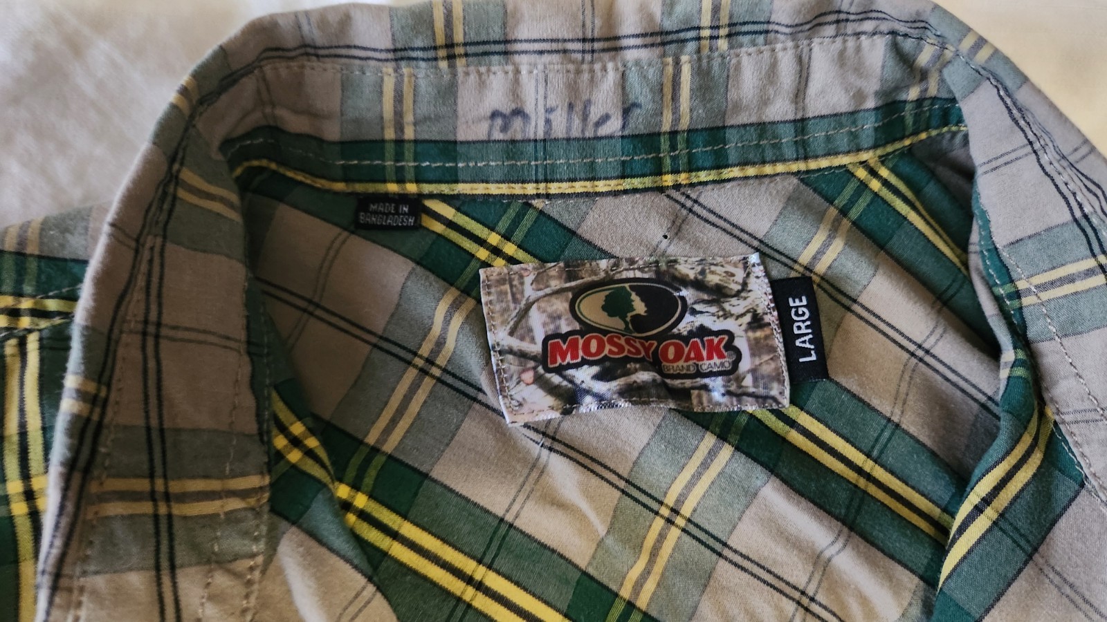 Mossy Oak Men’s L Plaid Cotton Button-Up Shirt Green Yellow Beige Short Sleeve