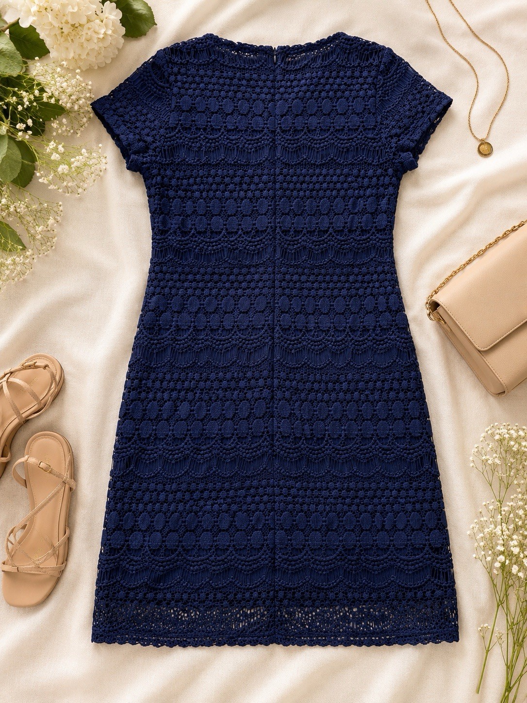 Tiana B Navy Lace Sheath Dress Size L | Crochet Lace 37” Length