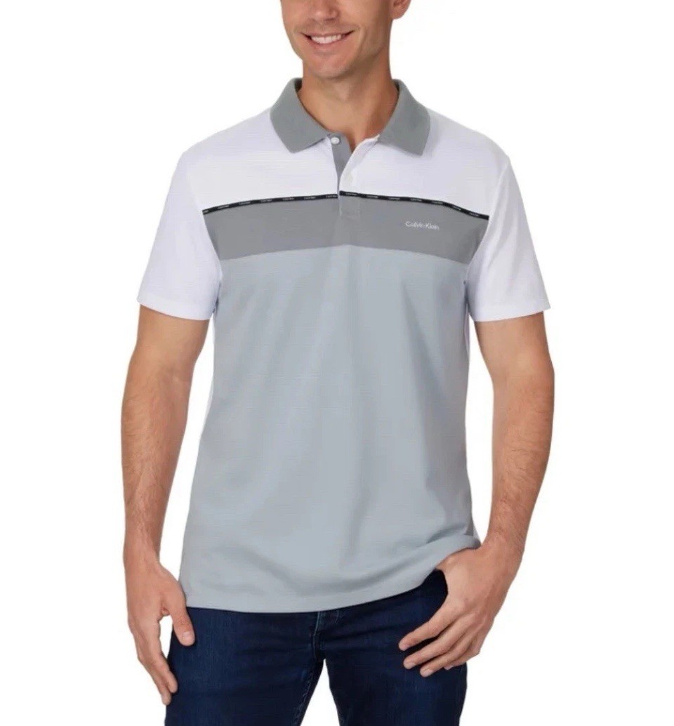 Calvin Klein Polo Shirt, M, White Gray, Quick Dry Wicking Split Hem Short Sleeve