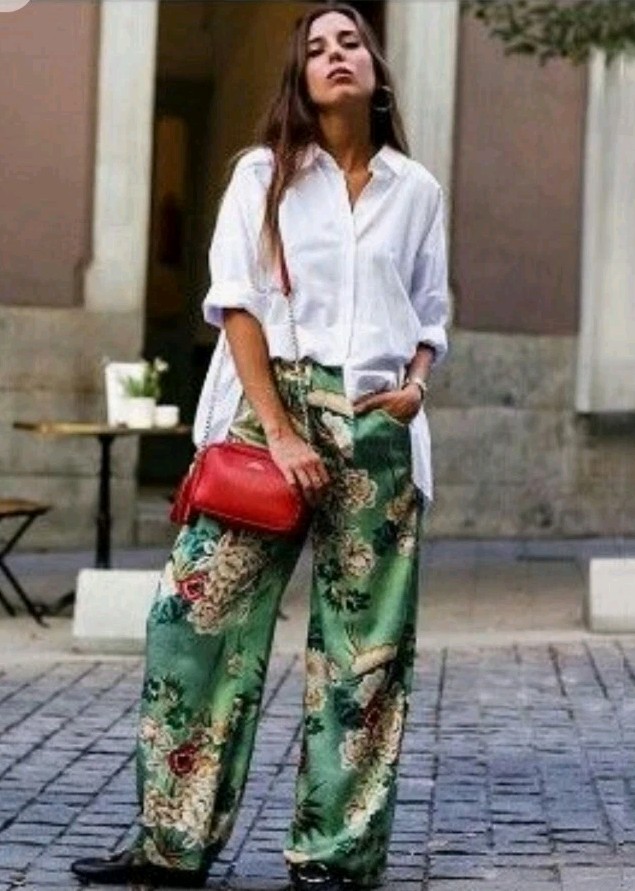 Zara Oriental Satin Green Wide Leg Elastic Waist Trousers L 10