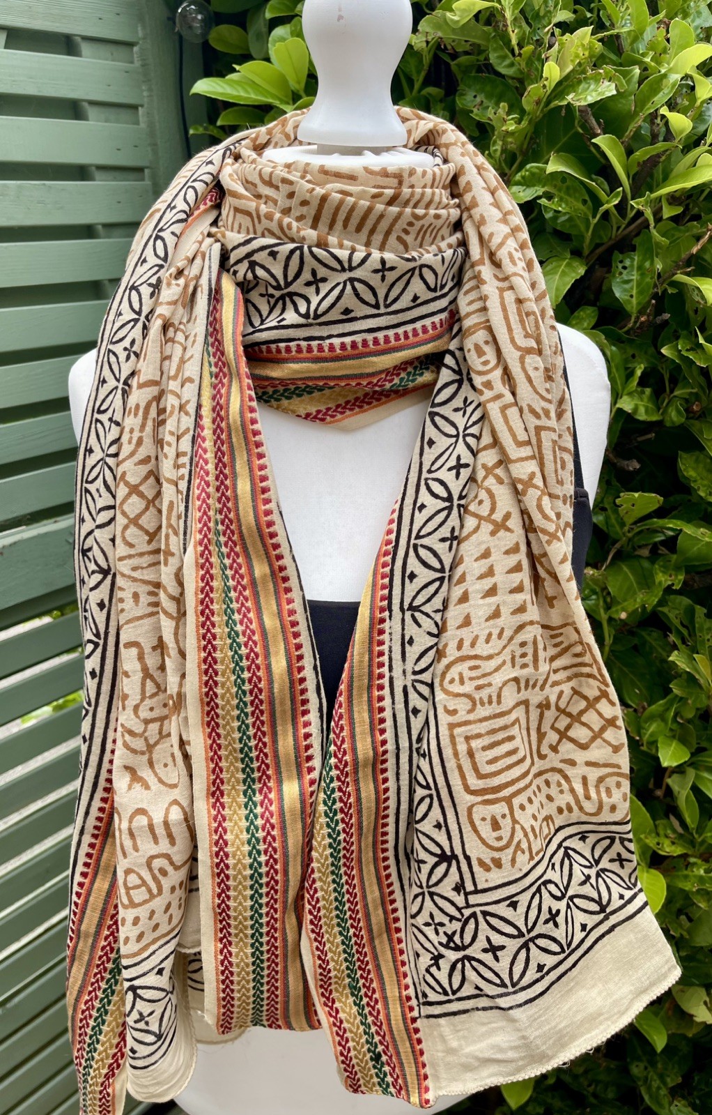 Gold silk edged 100% cotton hand block printed Zari sarong scarf shawl boho