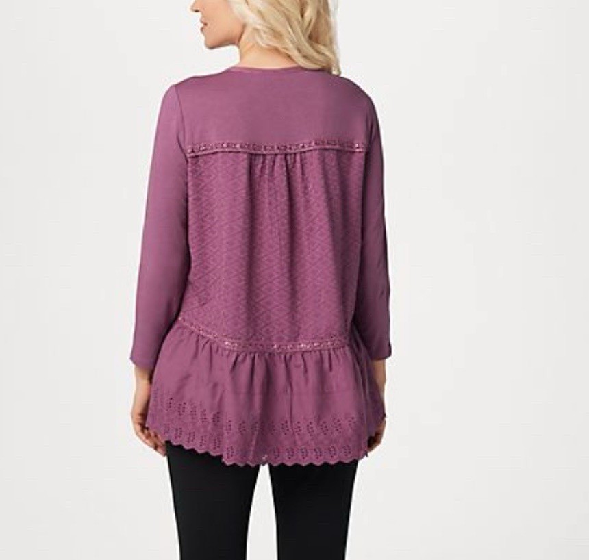 LOGO LAVISH Lori Goldstein Size XXS Cocoa Button Front Top w/ Knit Sleeves